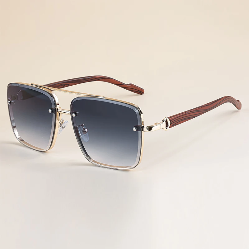 CATERSIDE Retro-Sonnenbrille mit großem, quadratischem Rahmen für Herren, Holzstangen, flacher Oberseite, doppeltem Bügel, für Damen, Reisen, Sport, Partys, UV400 – Detail 3