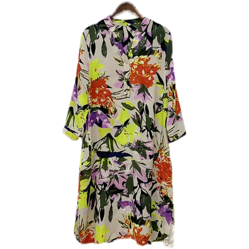 

Sping Summer 100% Mulberry Silk crepe de Chine printed 3/4 sleeves dress V Collar