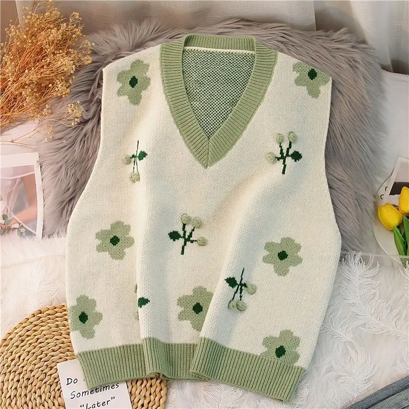 Japan Style Cute Women Sweater Vest Printed Sleeveless Outerwear Knitted Waistcoat 2023 Vintage Y2K Autumn Pullovers Tops