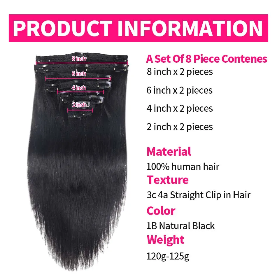 Hair Extensions Clip in Real Human Hair 120G For Women