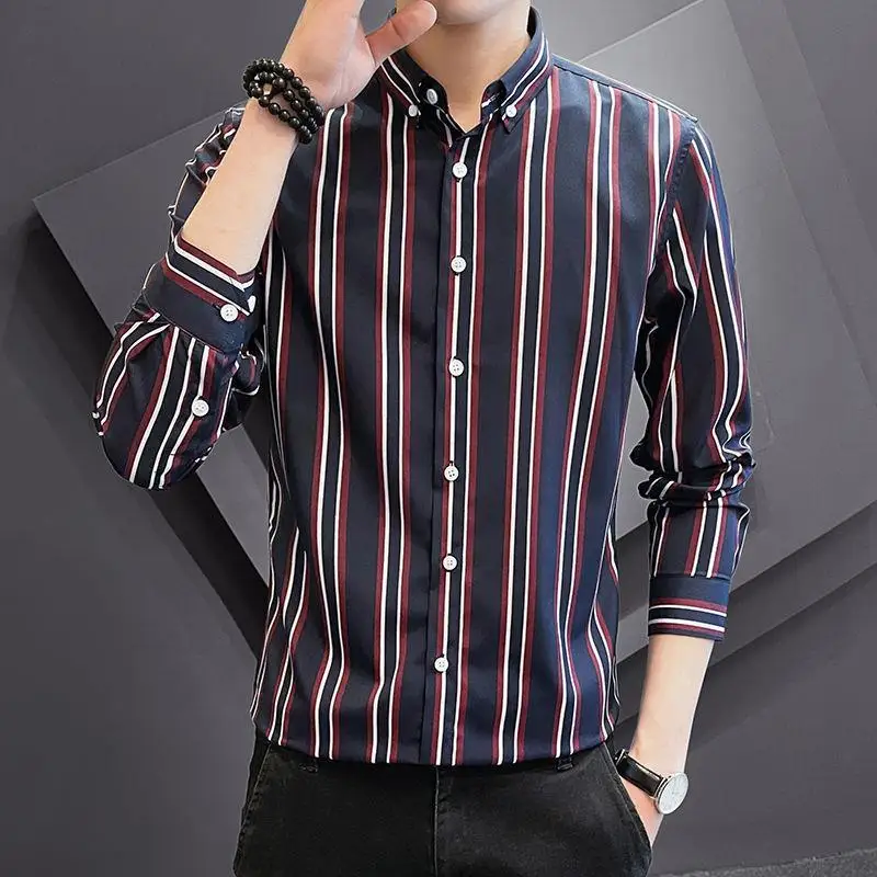 2023 Spring Summer Men's Clothing Turn-down Collar Stripe Printing Single Breasted Blouse Man Thin Style Ice Silk Fabric Shirt