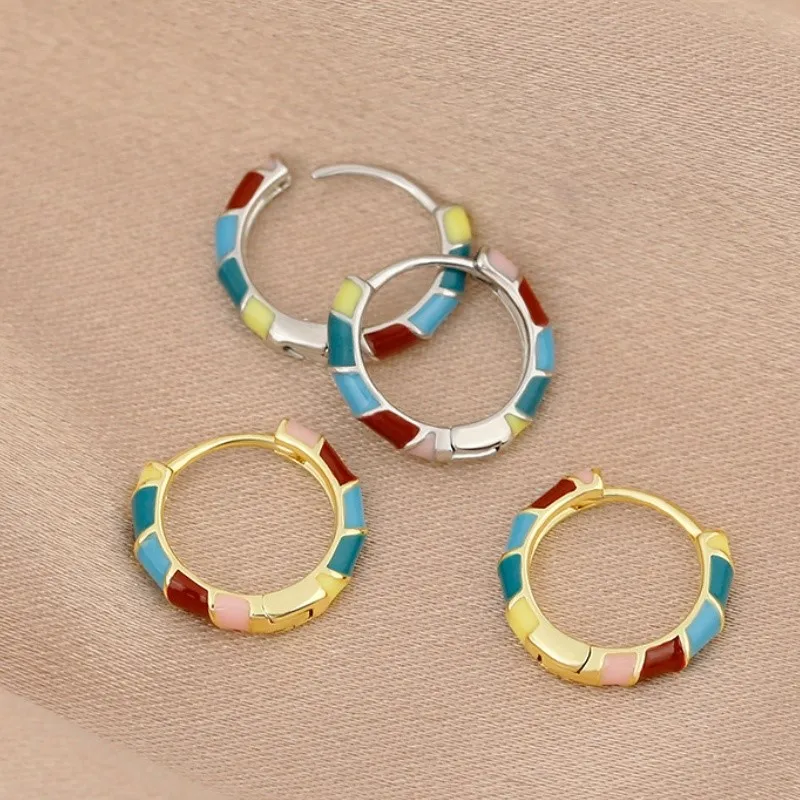French Romantic Retro Color Enamel Round Hoop Earrings for Women Geometric Ear Buckle Huggies Trendy Jewelry pendientes mujer