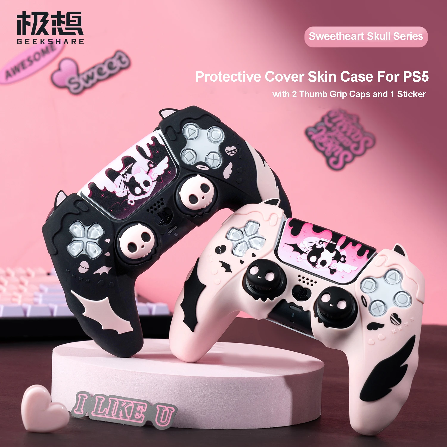 Geekshare-sweetheart Skull Controller Skin Conjunto para Ps5 Capa Protetora para Playstation Apertos de Polegar e Adesivo