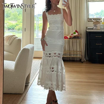 TWOTWINSTYLE Solid Hollow Out Elegant Dresses for Women Square Neck Sleeveless Patchwork Lace Dress Female Fashion Clothing New 1