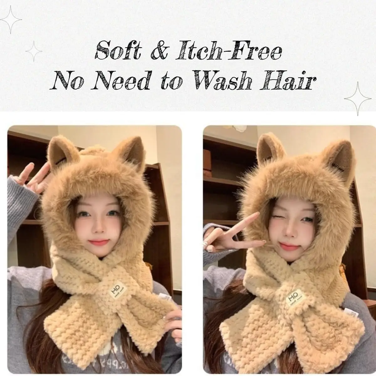 Autumn-Winter Fashion Plush Warm Hat with Fox Ears and Scarf Set for Women, Cute Animal Winter Two-Piece Outfit Plus Neck Warmer
