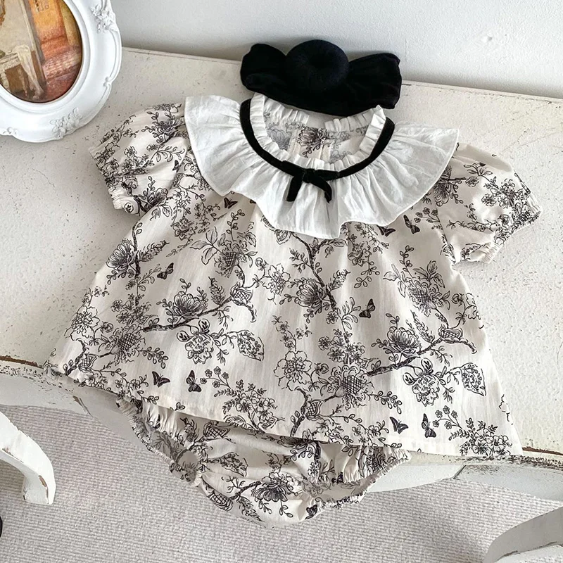 2024 New Summer Toddler Baby Girl Clothes Set Girls Short Sleeved Cotton Printed Shirt+PP Shorts 0-3Yrs Children Clothing Suit 1