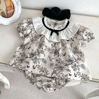 2024 New Summer Toddler Baby Girl Clothes Set Girls Short Sleeved Cotton Printed Shirt+PP Shorts 0-3Yrs Children Clothing Suit 1