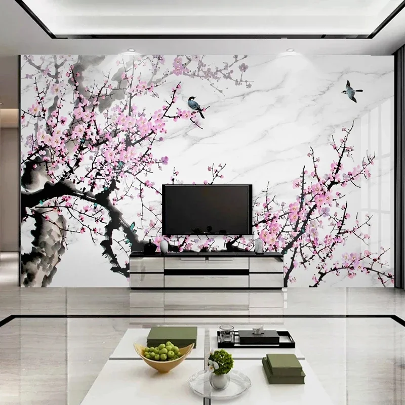 

Custom Photo Wallpaper Retro Ink Pink Plum Blossom Flower Murals Living Room Bedroom Romantic Backdrop Home Decor Papier Peint