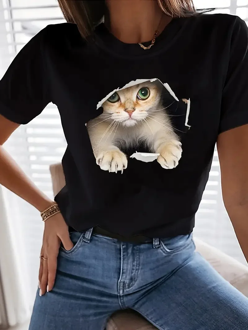 Camicetta Oneforus Con Stampa 3D Gatto – Donna, Maniche Corte, Morbida, Casual, Ideale Per Estate E Feste - 3