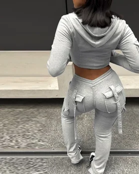 Zipper Design with Exposed Navel Hooded Sweatshirt and Drawstring V-Shaped Waistline Work Pants, Sports Pants Long Pants Set 1