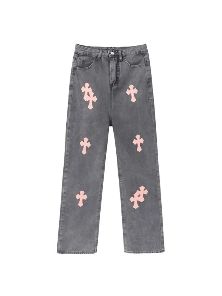 

Y2k American hip hop pink cross Pattern Gothic Jeans couple Punk Harajuku Straight Leg Wide legs Retro vintage women Jeans Pants