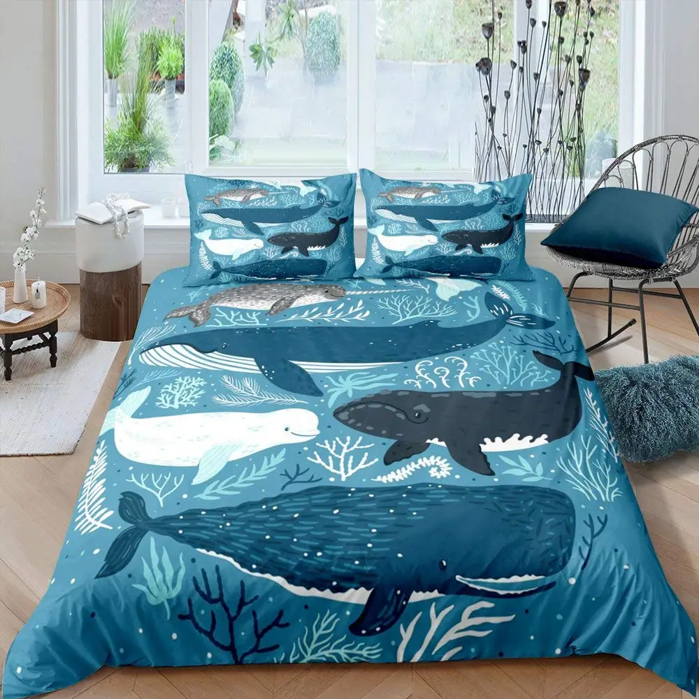 

Whale Comforter Cover Twin Size,Ocean Theme Bedding Set for Kids,Nautical Sailing Quilt Set Ocean Duvet Set Ocean Decor 3 Pieces