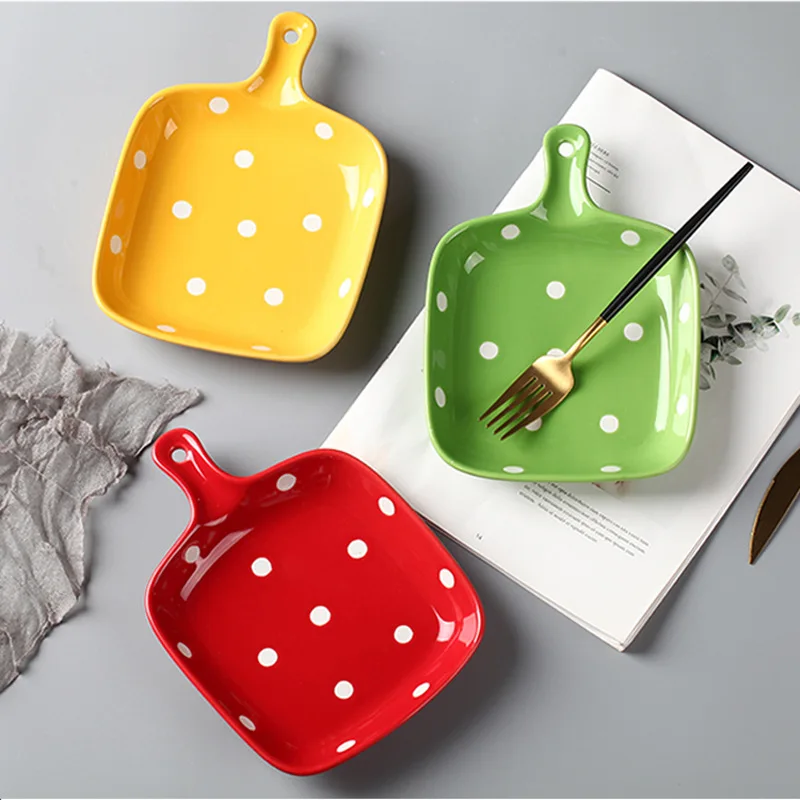 Polka Dot Ceramic Single Handle Plate Creative Baked Cheese Rice Pasta Plates Household Daily High Quality Fruit Breakfast Plate