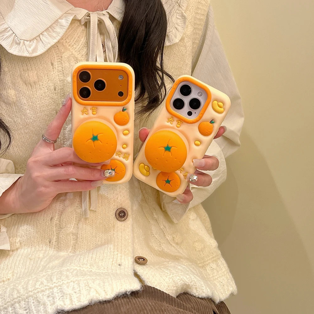 Funny 3D Orange Fruit Soft Silicone Telescopic Stand Case Cover