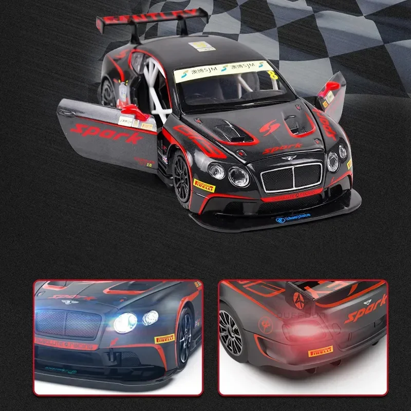 

1:32 Bentley Continental GT3 литой спортивный гоночный автомобиль, модель металлического игрушечного автомобиля, 3 двери, открывающийся назад, подарки для ребенка