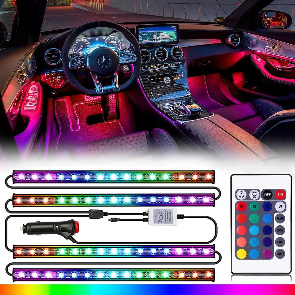 New 48 LED Car Interior Ambient Foot Light with USB Wireless Remote Music App Control Auto RGB Atmosphere Decorative Lamps rgbw led light bulbs with speaker music playing color changing led lamp remote control daylight bulb light e27 atmosphere lamp