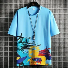 

2022New Men's Summer Cotton Short Sleeve Landscape Calligraphy and Painting Printing Loose Trendy Half SleeveTT-shirt