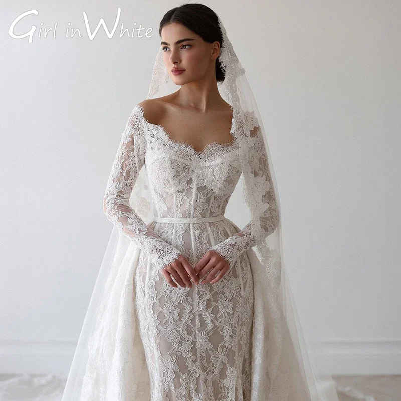 V-Neck Mermaid Wedding Dresses Off The Shoulder Long Sleeves Lace Applique Bridal Dress Formal Wedding Ball Prom Gown Customized