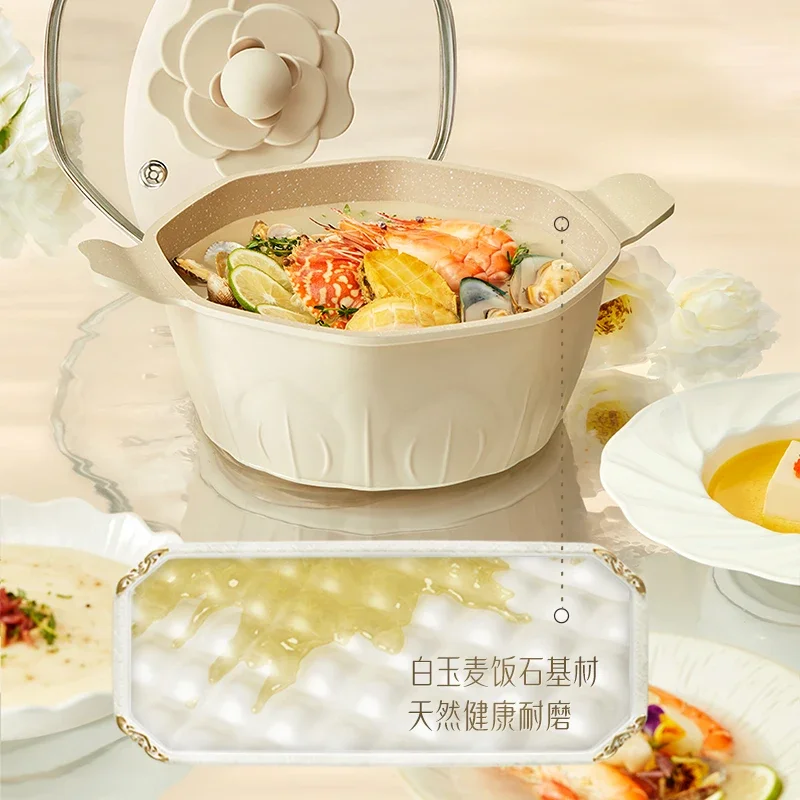 Soup Pot Boiling Slow Cooker Maifanshi Aluminum Alloy Nonstick White jade Floral glaze Anti scald handle 25.5x11cm Toaster oven 3