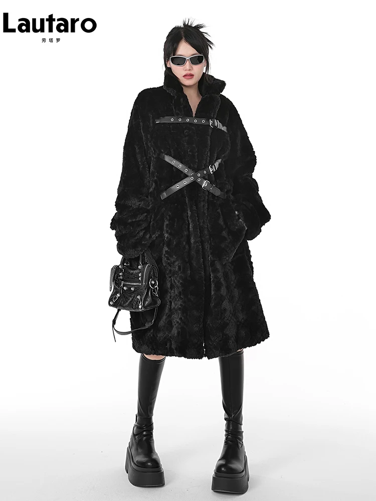 Lautaro Winter Cool Long Loose Casual Soft Thick Warm Black Fuzzy Faux Fur Coat Women Stand Collar Punk Style Fluffy Jacket 2023 2