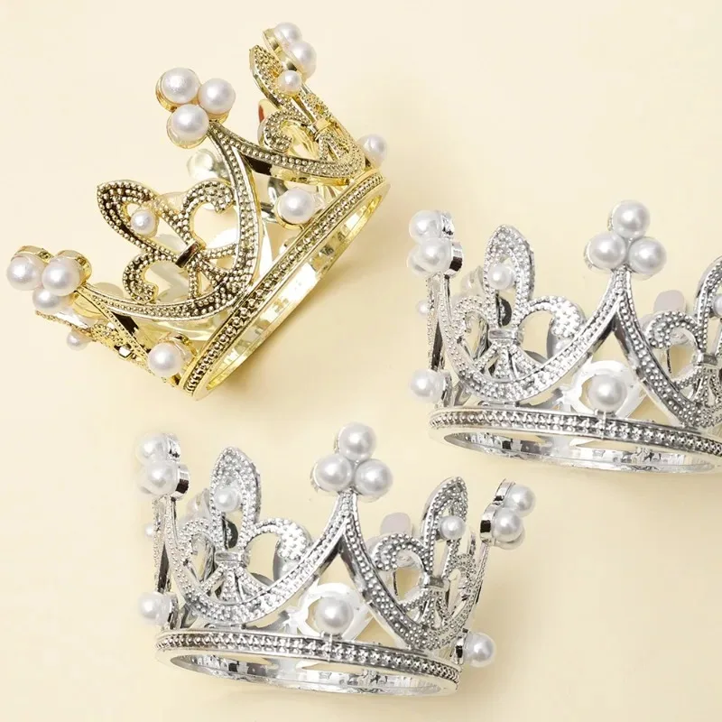Creative Mini Crown Cake Toppers Metal Pearl Happy Birthday Wedding&Engagement Decor Sweet Party Decorations