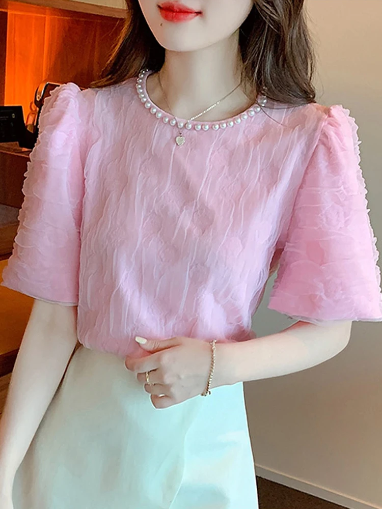 여성용 반팔 블라우스, 비즈 오넥 핑크 쉬폰 블라우스 셔츠, C449, 2024 베라노 