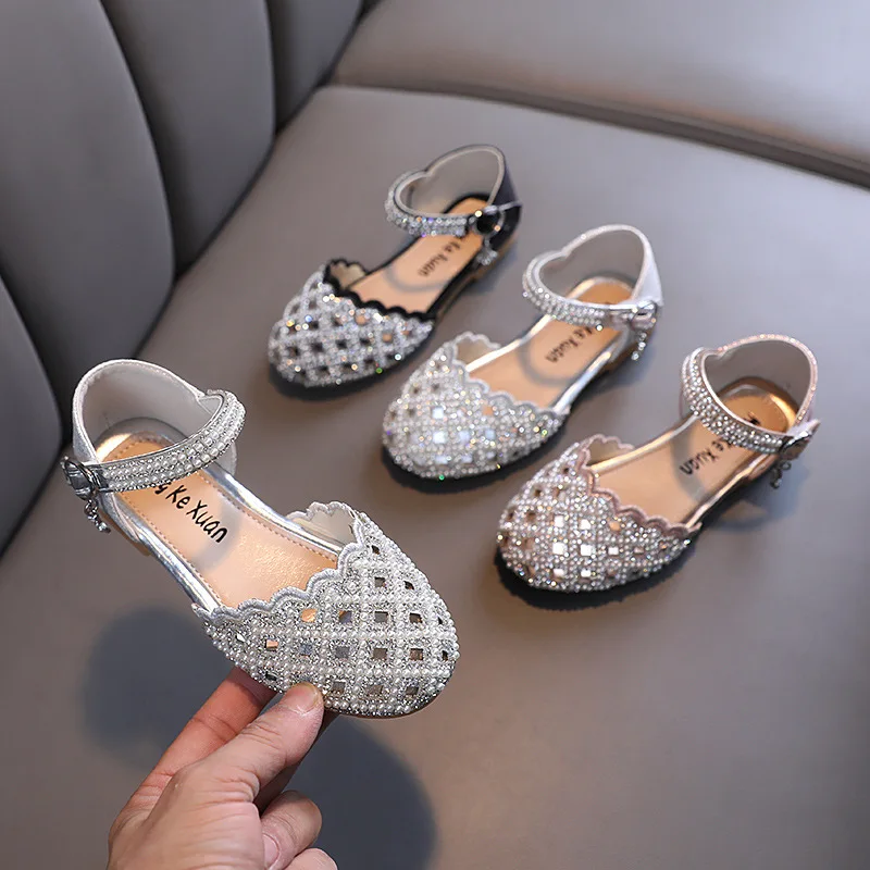 Kids Pearl Flats Sandals Girls Princess Rhinestone Party Leather Hollow Out Beach Shoes Size 21-36 kids shoes children sandals kids sandals beach shoes