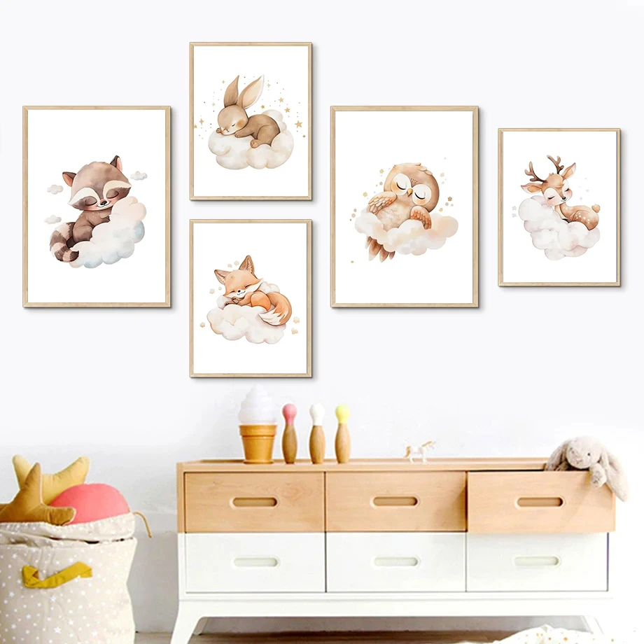 

Cartoon Animals Sleeping Bear Owl Rabbit Fox Deer Wall Art Posters And Prints Canvas Painting Pictures Baby Kids Room Home Decor