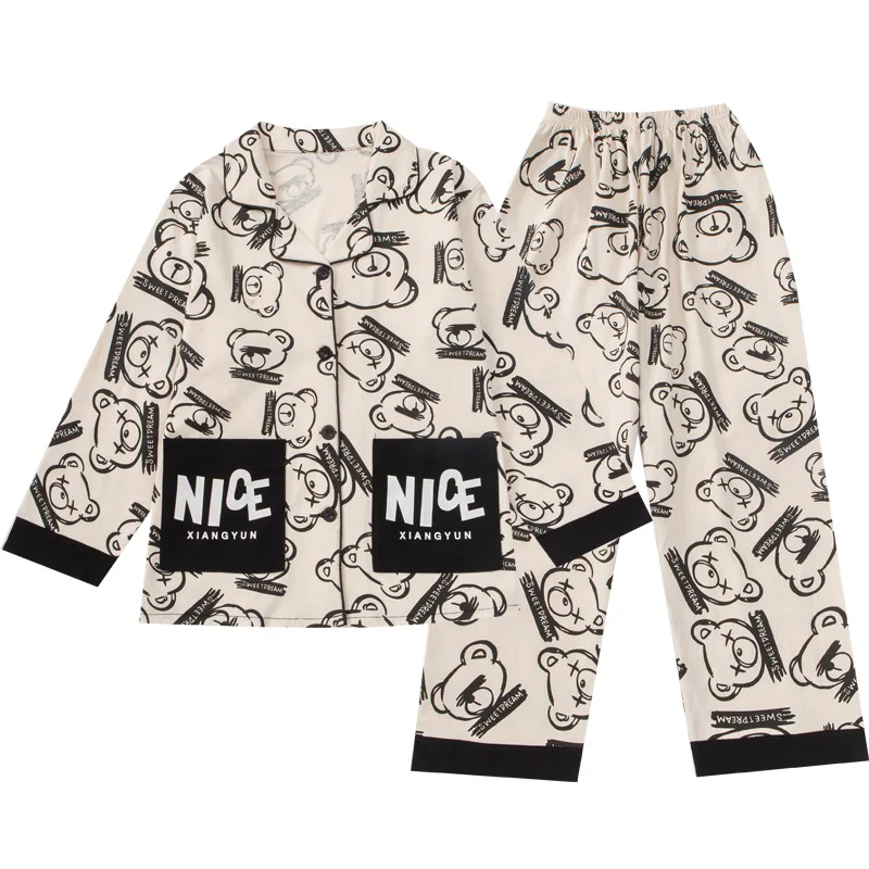 Lapel Cardigan Pajamas Set All-Over Print Bear Design Loungewear Pure Cotton Sleepwear for Big Children's Comfy Homewear