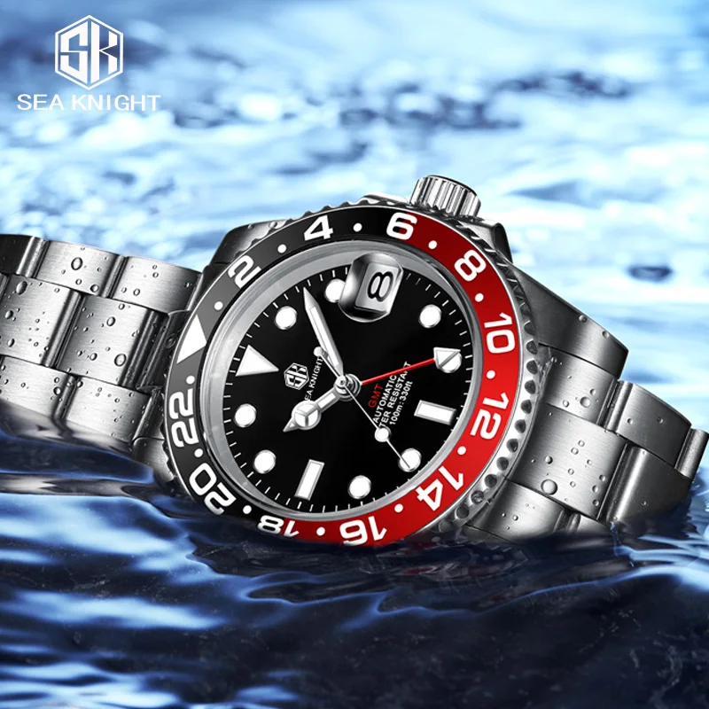

Sea knight Top Brand Sapphire GMT Watch Men 100M Waterproof Clock Sport Watches Mens Mechanical Wristwatch Relogio Masculino