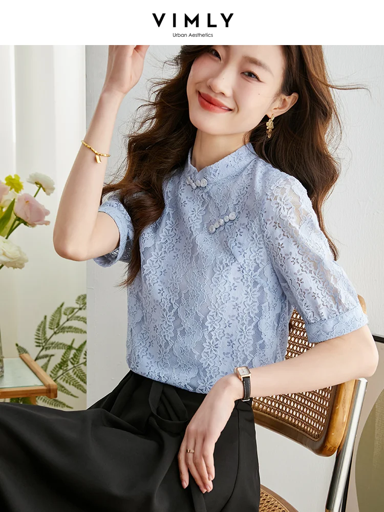 Vimly Elegant Summer Lace Blouse for Women 2023 Chinese Style Stand Collar Lantern Sleeve Solid Chic Ladies Shirts & Blouses vimly french style chiffon blouse for women 2023 spring vintage elegant lace long puff sleeve tops loose chic shirt ladies v7807