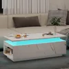 LED Coffee Table with Storage, White Coffee Table with Wireless Charging and Speaker, High Glossy Modern Center Table with 1