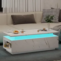 LED Coffee Table with Storage, White Coffee Table with Wireless Charging and Speaker, High Glossy Modern Center Table with 1