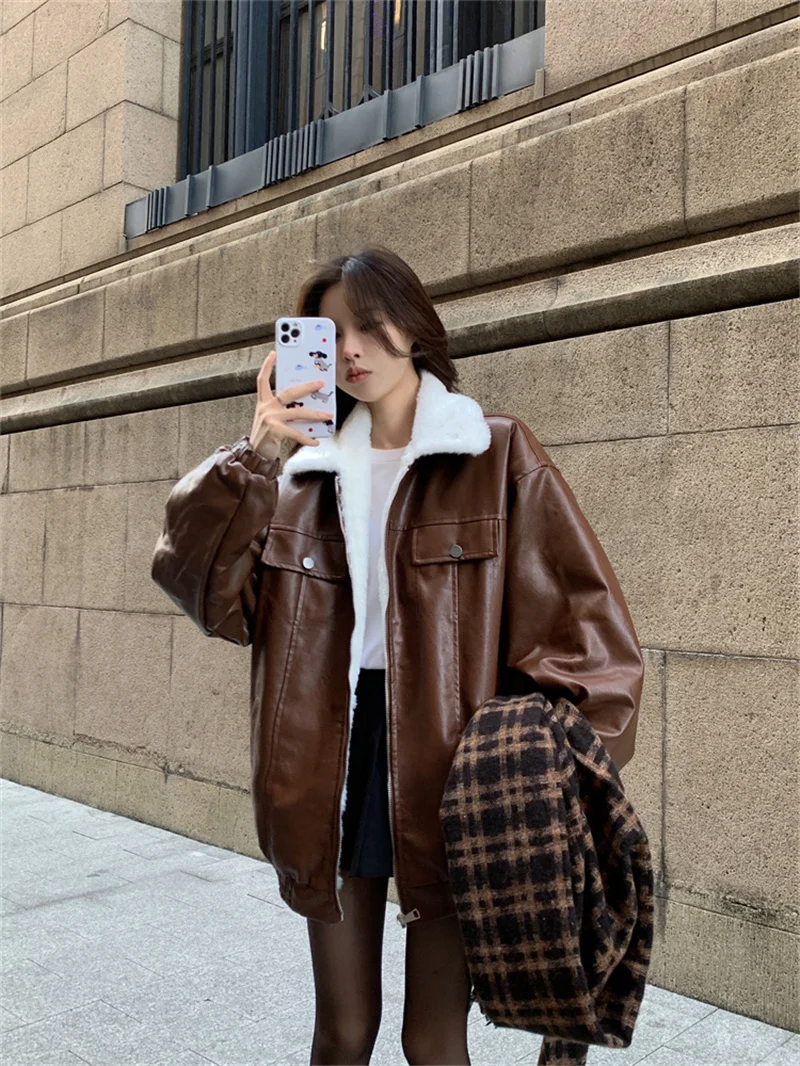 American retro rabbit plush PU leather jacket for women in 2024 winter  style luxurious loose plush warm jacket jacket jacket WL