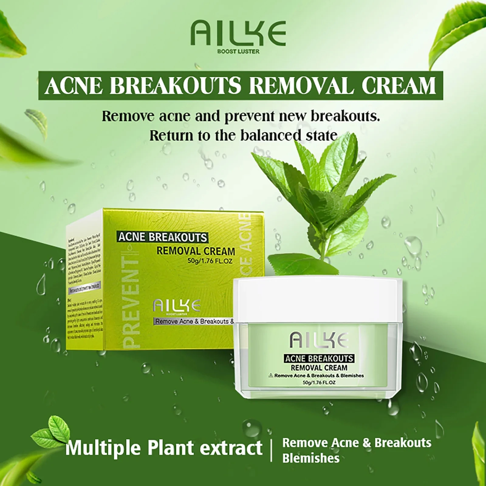 AILKE Organic Anti-Acne Cleansing Face Care Set, Smooth Skin, Remove Pimples, Spots, Prevent Breakout, for All Skin Types