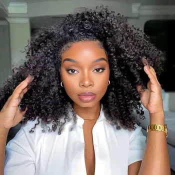 Glueless Half Wigs Human Hair Kinky Curly Headband Wig Upgrade 3 IN 1 No Lace Wig With Drawstring Seamless Clip Ins Flip Over 1