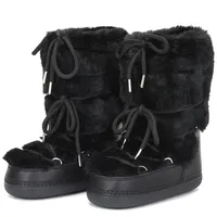 2025 Winter Snow Boots Women Boots Fluffy Furry Fuzzy Faux Fur Boots Lace Up Middle Calf Platform Pink Black White Ski Boots