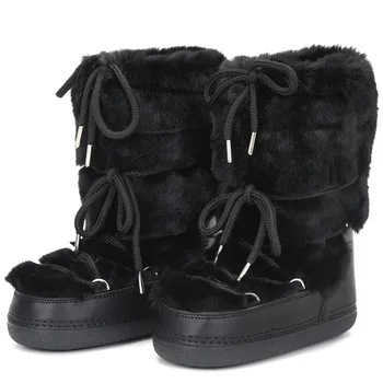 2025 Winter Snow Boots Women Boots Fluffy Furry Fuzzy Faux Fur Boots Lace Up Middle Calf Platform Pink Black White Ski Boots 1