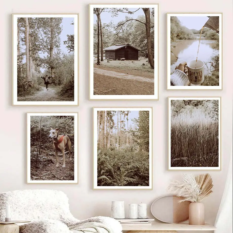 

Giant Trees Forest Cabin Whippet Coffee Girl Camera Wall Art Print Canvas Painting Nordic Posters Pictures For Living Room Decor