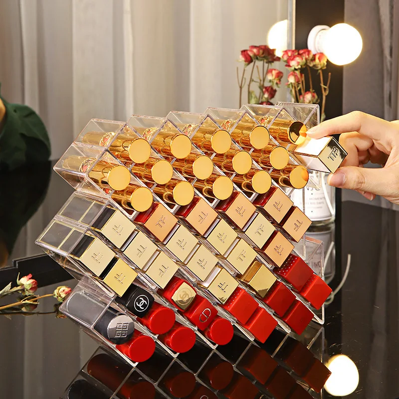 Acrylic Lipstick Holder Organizer 12/16/28 Slots Clear Lip Gloss Fish Shape Tower Case Display Stand Storage Box Makeup Cosmetic 2