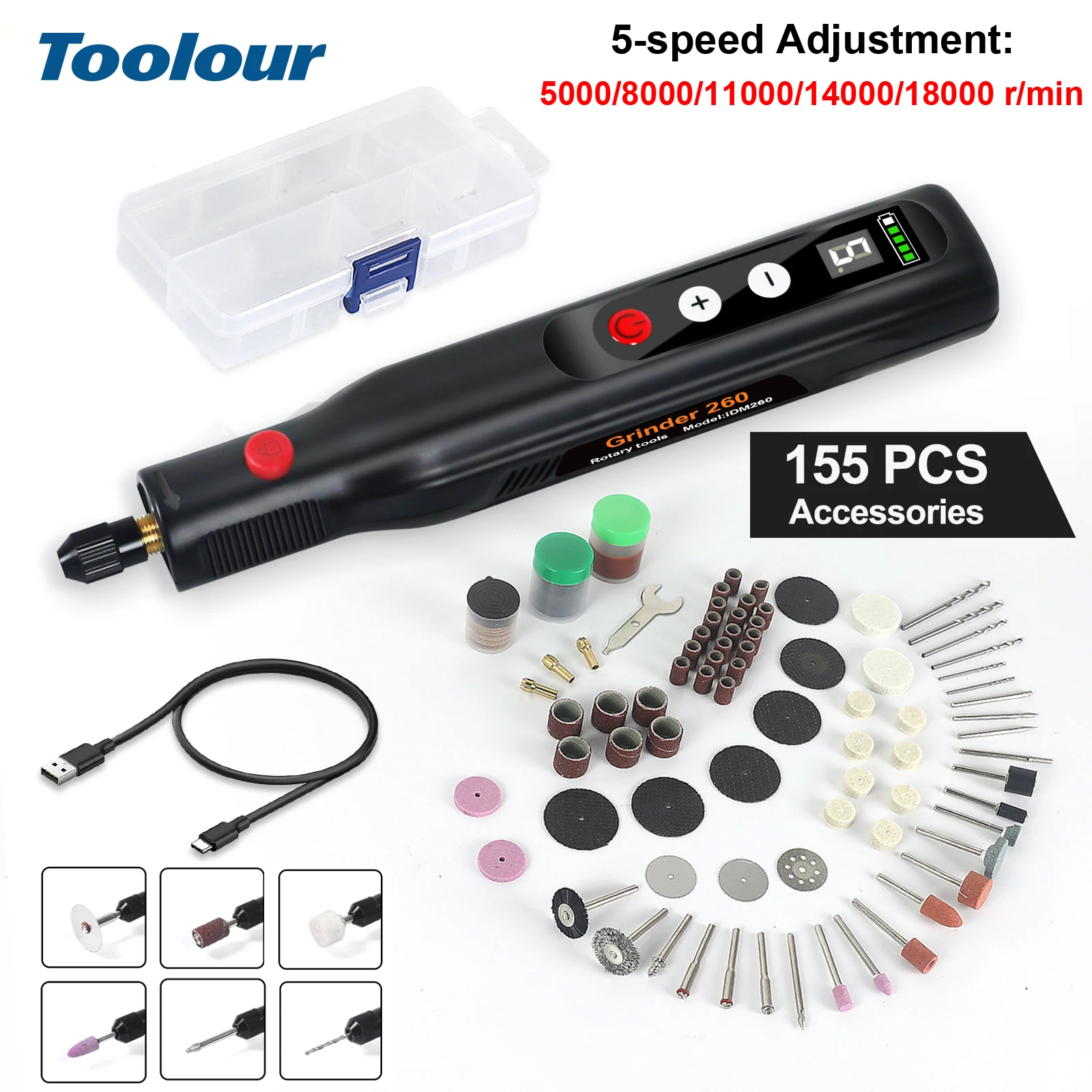 Toolour Cordless Rotary Tool Kit 5 Variable Speed 18000 RPM 155 Accessories for Sanding, Polishing, Drilling, Carving, Cutting 1