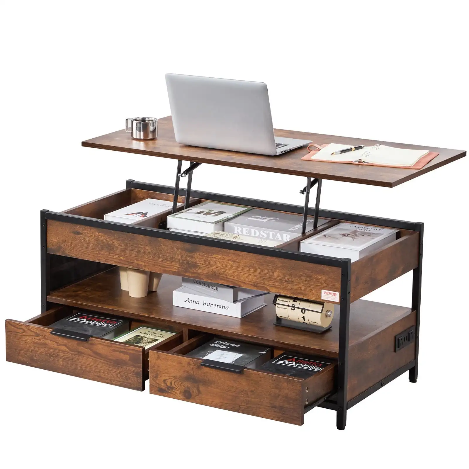 Lift Top Coffee Table - 39.4" Rectangle Coffee Table with Light & USB, Brown 2