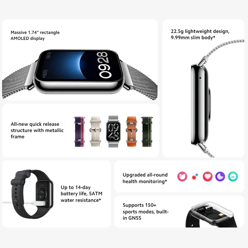 Xiaomi-Bracelet intelligent Mi Band 8 Pro, version globale, montre carrée AMOLED, moniteur d'oxygène sanguin et de fréquence cardiaque, Bluetooth 5.3, GNSS, document de 1,74