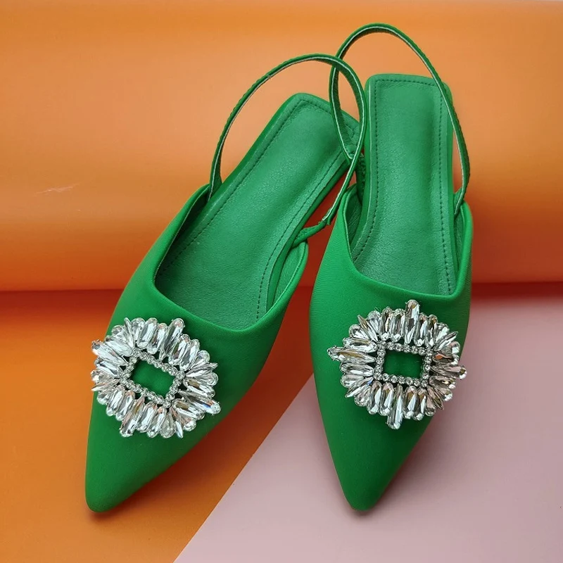 

2023 New Fashion Crystal Buckle Women's Sling Sandals Flat Shoes Heel Elegant Pointed Casual Slippers
