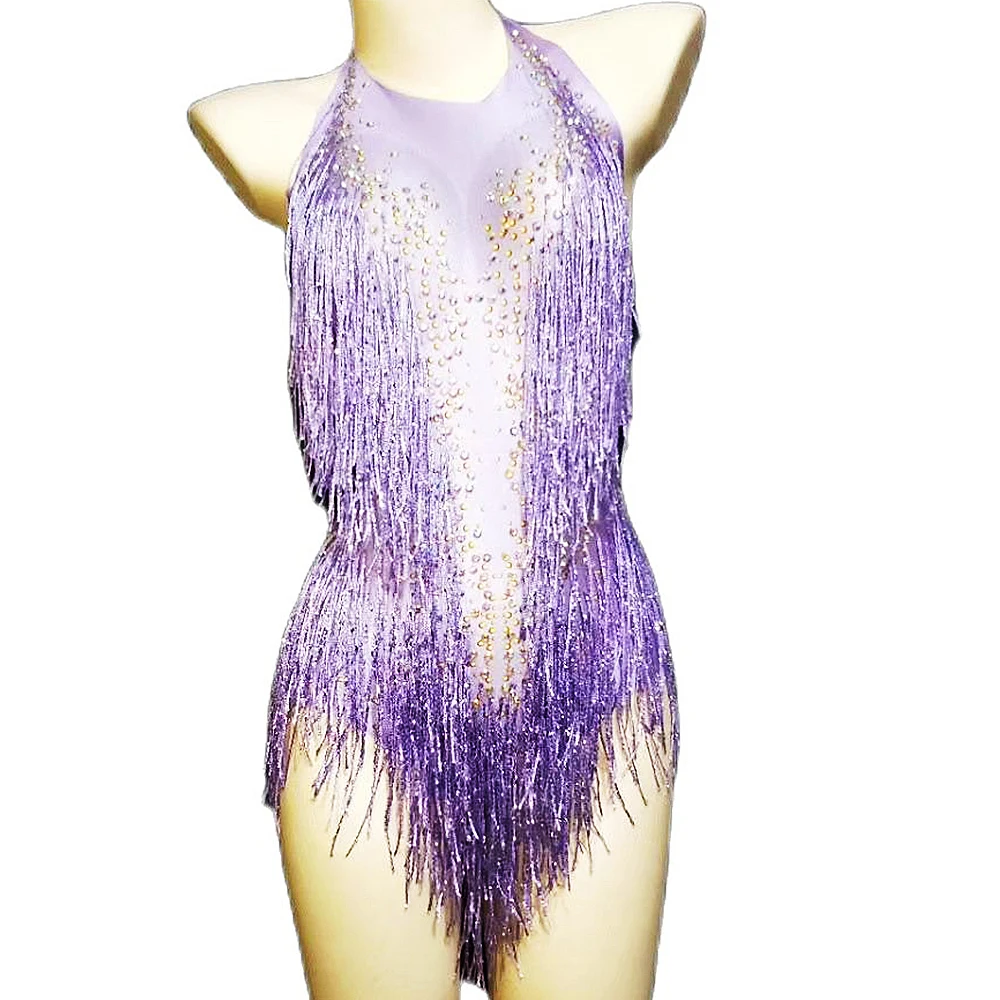 

Sparkly Rhinestone Women Bodysuits Bright Fringe Sleeveless Halter Birthday Party Club Wear Evening Prom Singer Dance Costumes