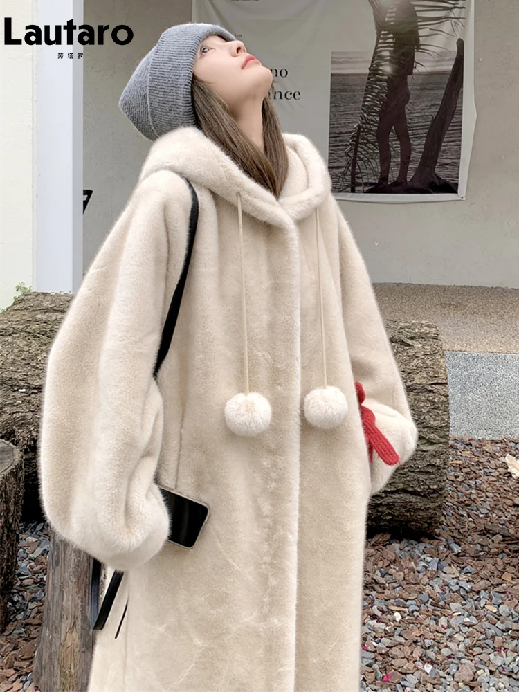 

Lautaro Winter Oversized Long Thick Warm Soft Fluffy Faux Mink Fur Coat Women with Pompom Balls Loose Casual Furry Overcoat Hood