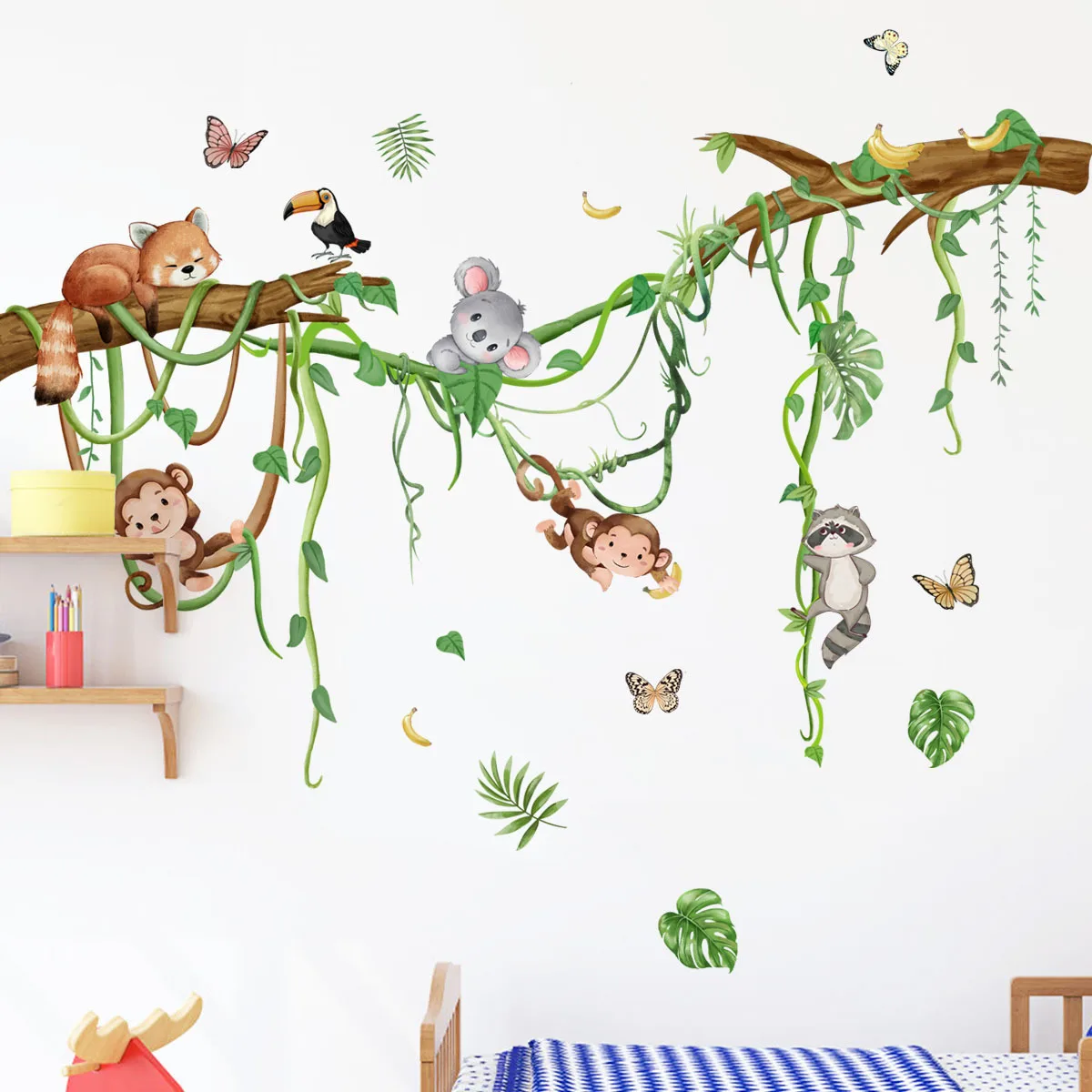 2pcs  Cartoon Vine Monkey Forest Animal Wall Sticker Children's Room Baby Room Kindergarten Decorative Wall Sticker Ms6340 2pcs cartoon animal monkey vine wall sticker children s room kindergarten decorative wall sticker bedroom background ms3105