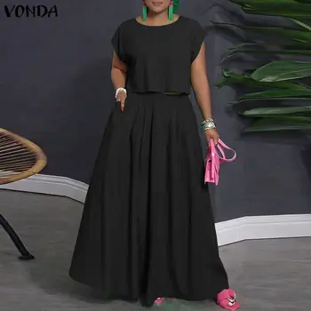 VONDA Women Dress Sets Plus Size Sets Elegant 2PCS Solid Color Two-piece Outfits Short Sleeve Summer Tops Long Skirts Streetwear