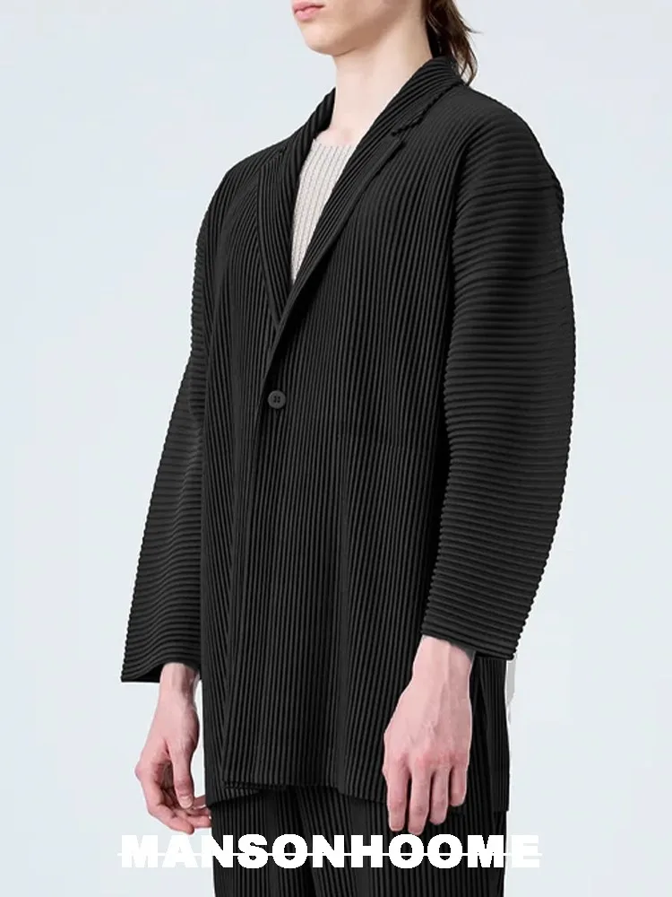 Miyake Pleated Cardigan Single Buttom Long Jacket Men Smart Causal Designer Loose Coats 5