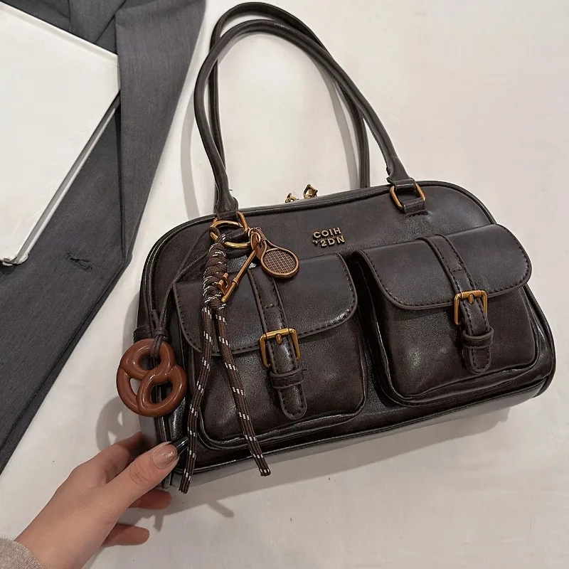 Women's Coffee Brown Multi-Pocket Handbag Shoulder Bag, Stylish Versatile Letter Crossbody Purse for Travel Work Shopping Dates